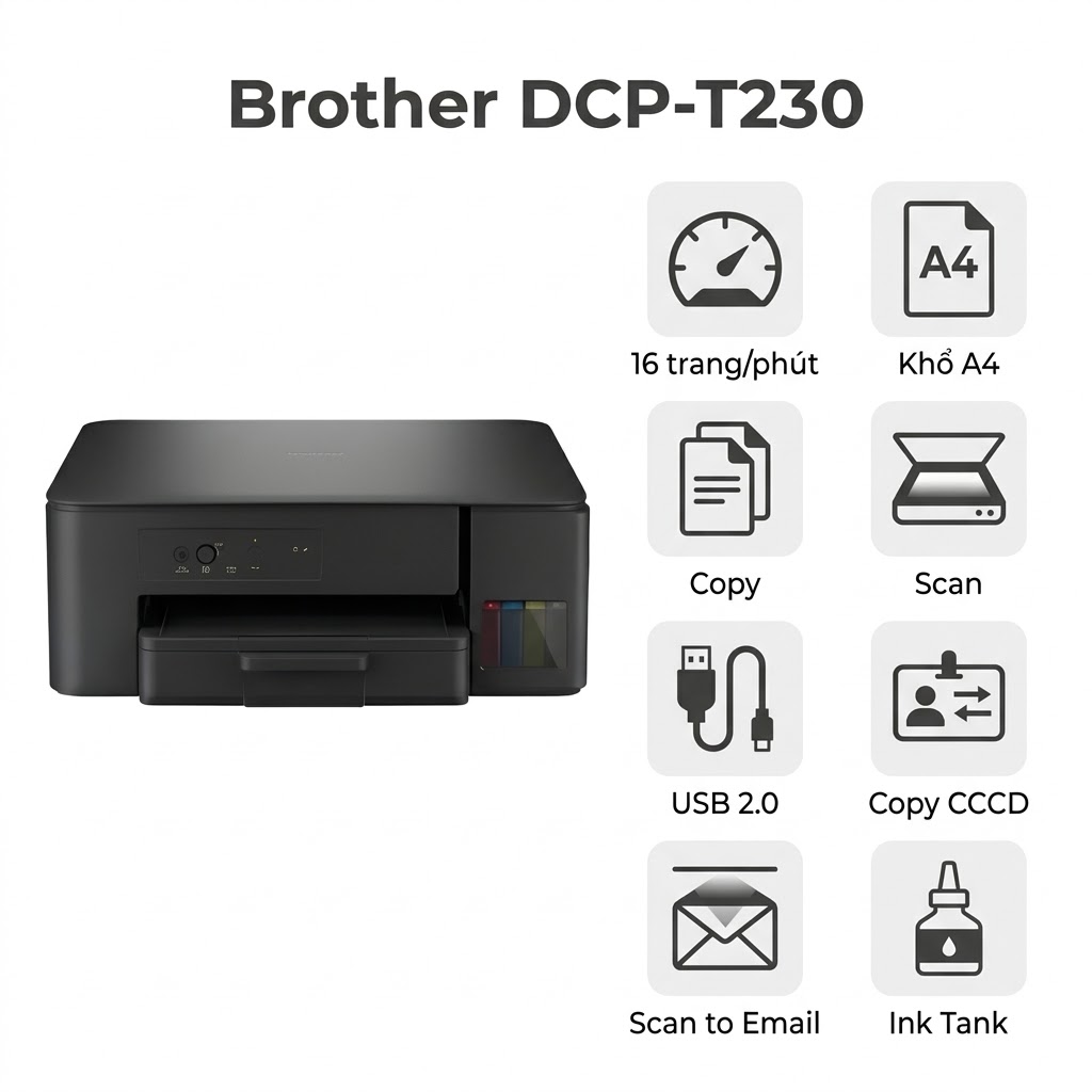 Máy in Brother DCP-T230 – Máy In Phun Màu Đa Năng 3-in-1, Chi Phí In Chỉ 32đ/Trang
