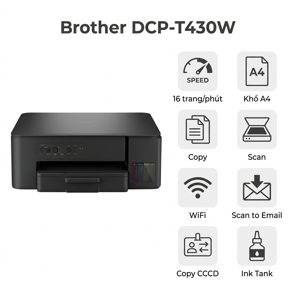 Máy in Brother DCP-T430W – Máy in phun màu đa năng WiFi, Ink Tank tiết kiệm, chính hãng