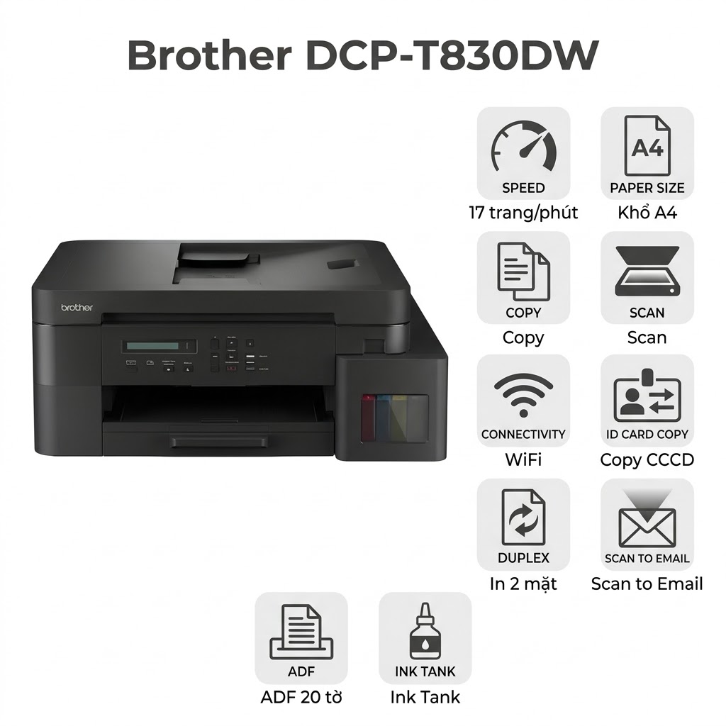 Máy in Brother DCP-T830DW – Máy In Phun Màu Đa Năng, In 2 Mặt, WiFi, ADF, Mực Siêu Tiết Kiệm