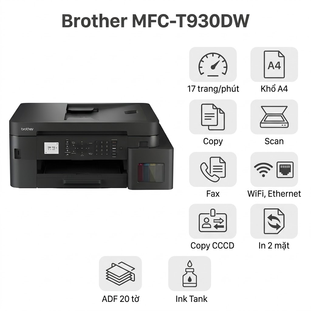 Máy in Brother MFC-T930DW – Đa Năng In/Scan/Copy/Fax, Ink Tank Tiết Kiệm, WiFi