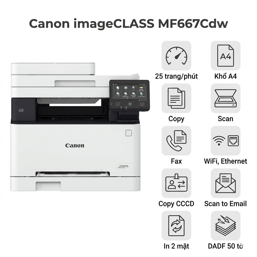 Máy in Canon imageCLASS MF667Cdw – Máy in laser màu đa năng 4-in-1, In/Copy/Scan/Fax 2 mặt, WiFi, ADF quét 1 lần