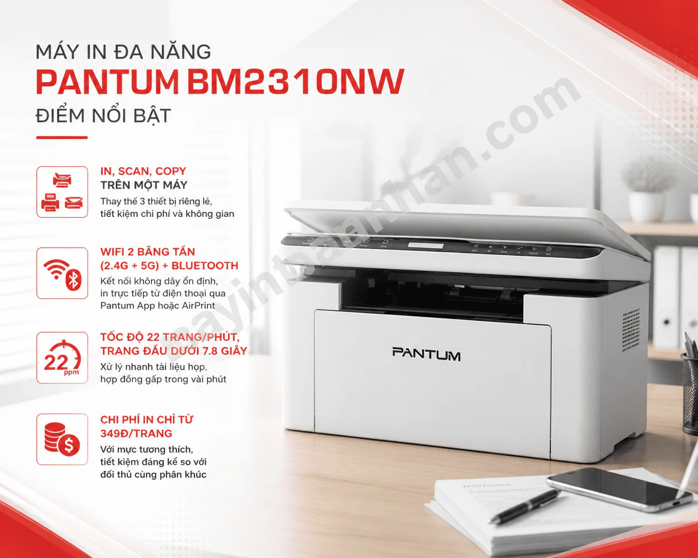 Máy in Máy In Đa Năng Pantum BM2310NW – In, Scan, Copy, WiFi Băng Tần Kép, Giá Rẻ Nhất Phân Khúc