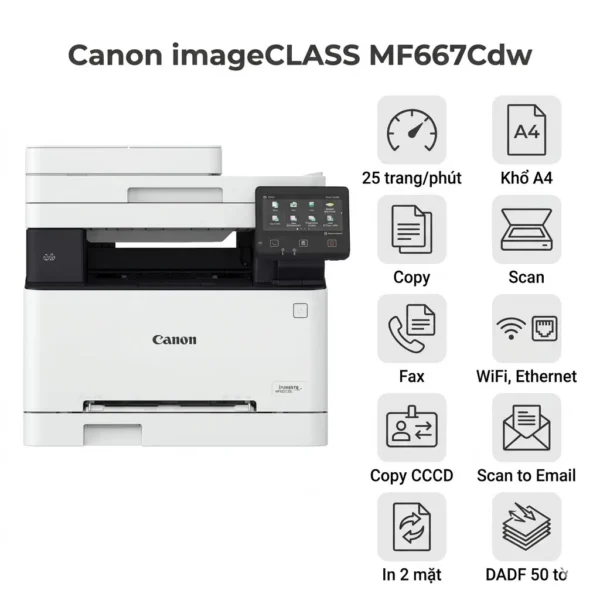 Máy in Canon MF667Cdw – Laser màu đa năng 4-in-1, In/Copy/Scan/Fax 2 mặt, WiFi, ADF quét 1 lần