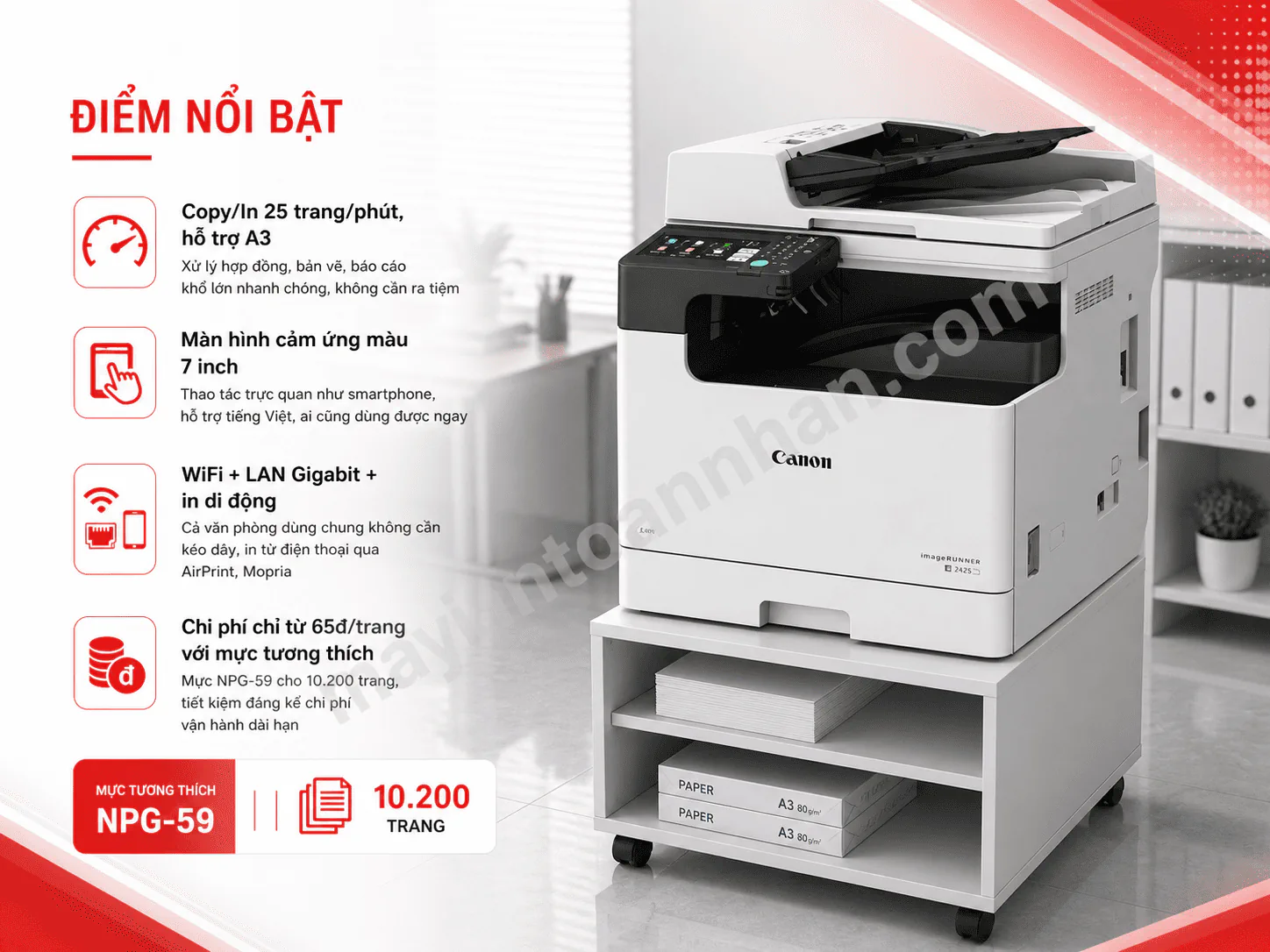Máy in Canon IR 2425 – Máy Photocopy A3 Đa Năng, Màn Hình Cảm Ứng 7 Inch, WiFi