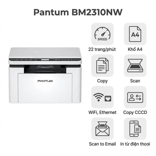 Máy in Máy In Đa Năng Pantum BM2310NW – In, Scan, Copy, WiFi Băng Tần Kép, Giá Rẻ Nhất Phân Khúc