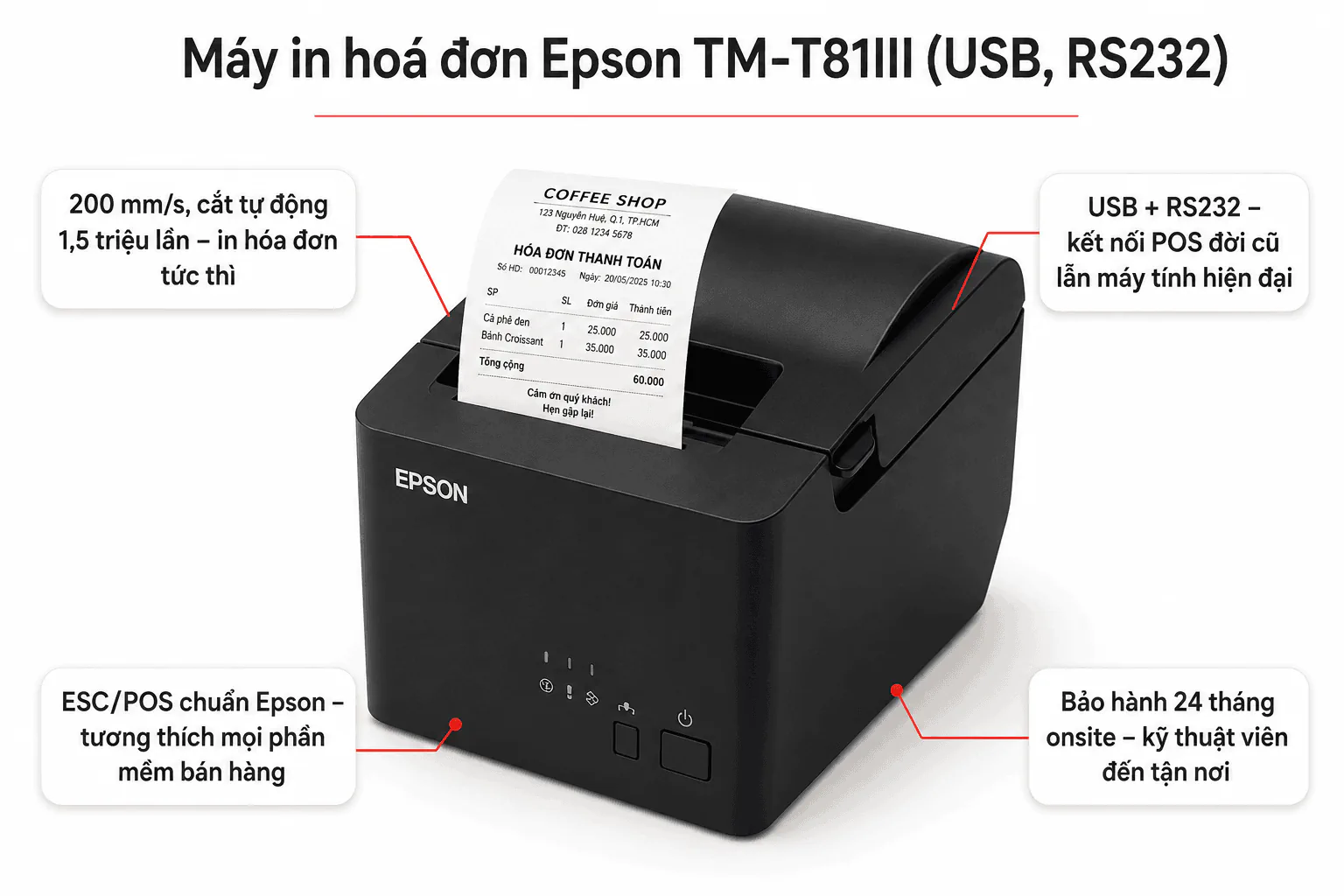 Máy in hoá đơn Epson TM-T81III (USB, RS232)