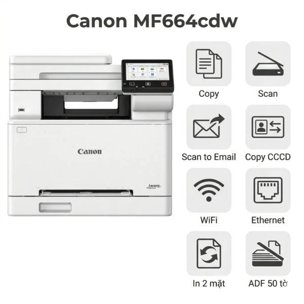 Máy in Canon MF664Cdw – Laser màu đa năng In/Copy/Scan, WiFi, In 2 mặt tự động