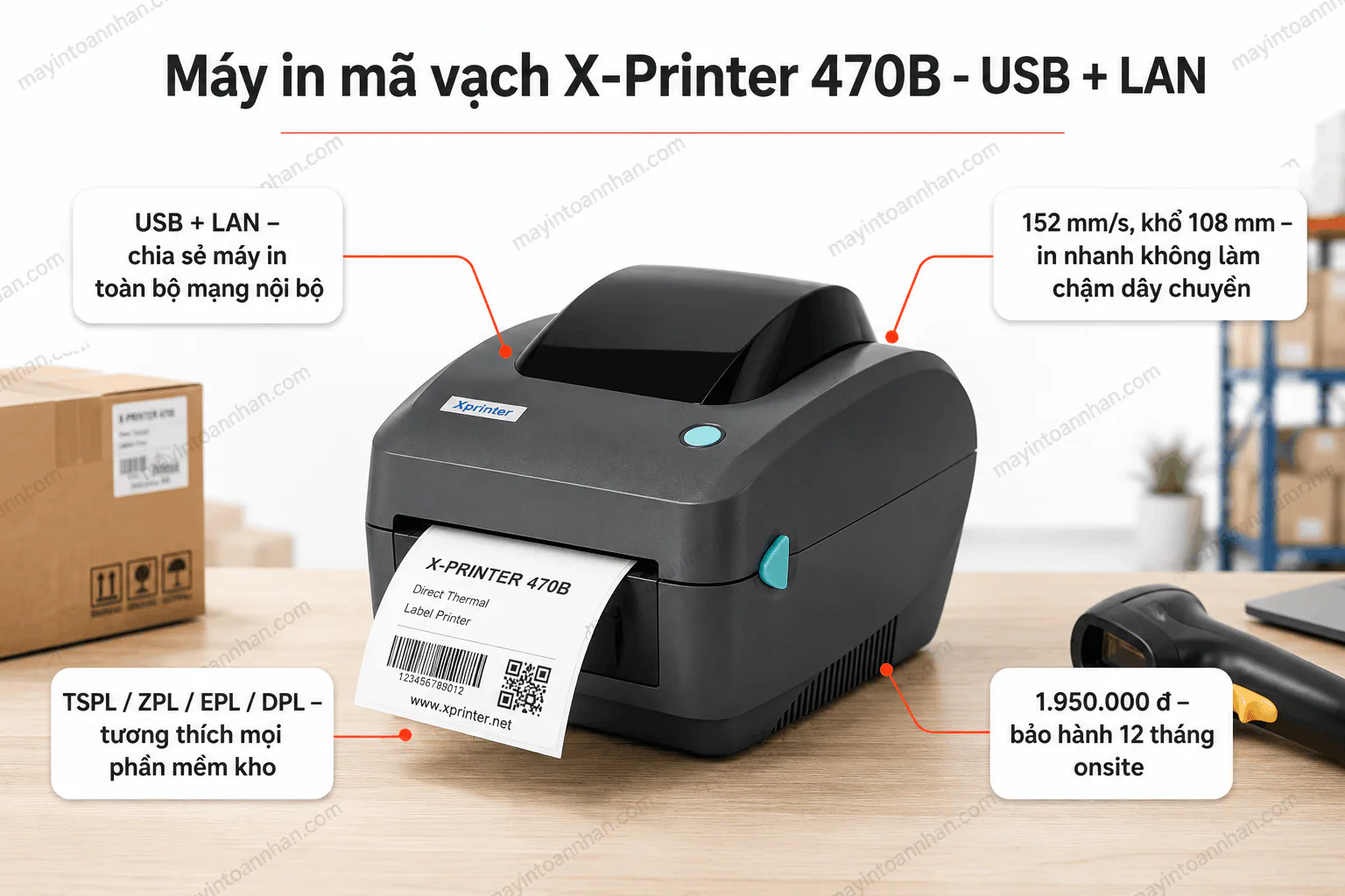 Máy in mã vạch X printer 470B – USB + Lan